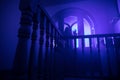 Inside of old creepy abandoned mansion. Silhouette of horror ghost standing on castle stairs to the basement. Spooky dungeon stone Royalty Free Stock Photo