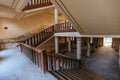 Inside of old creepy abandoned mansion. Staircase and colonnade