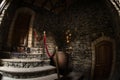 Inside of old creepy abandoned mansion. Staircase and colonnade. Dark castle stairs to the basement. Spooky dungeon stone stairs i Royalty Free Stock Photo