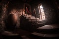 Inside of old creepy abandoned mansion. Staircase and colonnade. Dark castle stairs to the basement. Spooky dungeon stone stairs