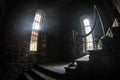 Inside of old creepy abandoned mansion. Staircase and colonnade. Dark castle stairs to the basement. Spooky dungeon stone stairs Royalty Free Stock Photo