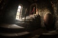 Inside of old creepy abandoned mansion. Staircase and colonnade. Dark castle stairs to the basement. Spooky dungeon stone stairs Royalty Free Stock Photo