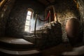 Inside of old creepy abandoned mansion. Staircase and colonnade. Dark castle stairs to the basement. Spooky dungeon stone stairs Royalty Free Stock Photo