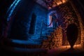 Inside of old creepy abandoned mansion. Staircase and colonnade. Silhouette of horror ghost standing on castle stairs to the basem Royalty Free Stock Photo