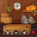 Inside the old farmhouse. The home furnishings. Mouse in a box arranged holes. Vector cartoon close-up illustration. Royalty Free Stock Photo