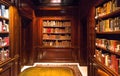 Inside old room with books on bookshelves with paper volumes and antique wooden furniture of the Royal Library