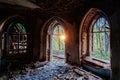 Inside old ruined abandoned historical Khvostov`s mansion in Gothic style