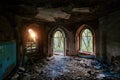 Inside old ruined abandoned historical Khvostov`s mansion in Gothic style