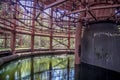 Inside old rusty factory cooling tower. Abstract industrial background