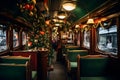 inside old train carrage, christmas decorations.GenerativeAI. Royalty Free Stock Photo