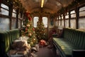 inside old train carrage, christmas decorations.GenerativeAI. Royalty Free Stock Photo