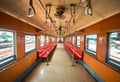 Inside of an old train coach at Thonburi station, Bangkok, Thailand