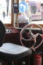 Inside of an old tram on the streets of Lisbon.