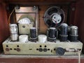 Inside the old tube receiver with speaker. Side view Royalty Free Stock Photo