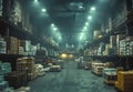 Inside an organized warehouse with high shelves full of boxes under industrial lighting Royalty Free Stock Photo