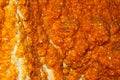 Inside part of geode mineral with orange crystals