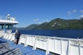 People admiring the beautiful blue ocean along the BC ferries inside passage route on the British Columbia coast , Canada.