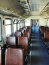 Inside of passengers train wagon. Empty vintage train interior. Royalty Free Stock Photo