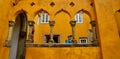 Inside of Pena Palace in Sintra, Lisbon district, Portugal. Orange wall entrance .