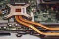 inside a personal computer chips, a board and copper tubes of a cooling radiator Royalty Free Stock Photo