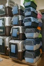 Inside petshop, pet carriers for dogs and cats