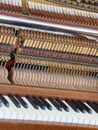 Inside of a piano with little hammer and strings Royalty Free Stock Photo
