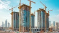 Inside place for many tall buildings under construction and cranes under a blue sky Royalty Free Stock Photo