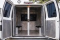 inside a police car. Open doors of a police van