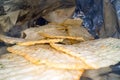 Inside the potato chips bag. Opened pack of original taste delicious potato crisps. Fast food and unhealthy eating concept Royalty Free Stock Photo