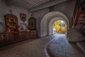 Inside Powerful defensive walls, temples of the Assumption Pskov Pechersky Monastery in the city of Pechery, Pskov region, Russia