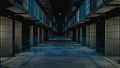Inside prison corridor at night. cells with lights on and wet floor. Royalty Free Stock Photo