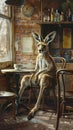 Inside a quaint cafe, a kangaroo in a chair takes a peaceful break with its favorite coffee Royalty Free Stock Photo