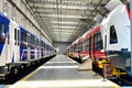 Inside of the rail car assembly plant `Stadler`. Industrial workshop for the production of high speed trains. Factory of the