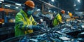 Inside a Recycling Facility: Workers Sorting through Electronic Waste on a Conveyor Belt, Wearing High-Visibility Jackets and Hard Royalty Free Stock Photo