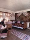 Inside romanian traditional house.Handmade textiles. Color harmony in red and white Royalty Free Stock Photo