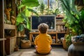 Inside a rustic living room with a five year old child watching on tv and wooden furniture. Generative AI