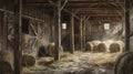 Inside Rustic Wooden Old Barn Hay Bales Straw Sunlight Rays Light Beams Farm Royalty Free Stock Photo