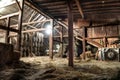 Inside Rustic Wooden Old Barn Hay Bales Straw Sunlight Rays Light Beams Farm Royalty Free Stock Photo