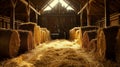 Inside Rustic Wooden Old Barn Hay Bales Straw Sunlight Rays Light Beams Farm Royalty Free Stock Photo