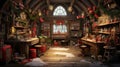 Inside Santa\'s North Pole workshop, merry elves craft gifts for the grand Christmas night, spreading joy worldwide