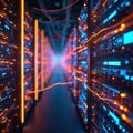 Inside server room with data mainframe racks. Futuristic hi-tech data center, cloud computing service. Big data information Royalty Free Stock Photo