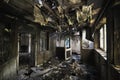 Inside shot of an abandoned destroyed building with burned walls and worn-out doors
