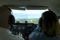 Inside small airplane cockpit