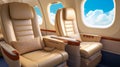 Inside of a small business jet. Interior of luxury private airplane with empty leather chairs Royalty Free Stock Photo