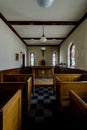 Chapel with Wood Pews & Stained Glass Windows - Abandoned Church School Royalty Free Stock Photo