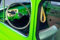 Inside a soviet car. view of the steering wheel and speedometer with buttons