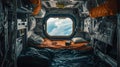Inside a space station cargo bay objects float in zero gravity Earths view captivating through the window Royalty Free Stock Photo