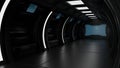 Inside spaceship or space station interior, Sci-Fi tunnel, corridor with empty space, 3D rendering Royalty Free Stock Photo