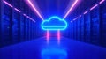 The inside of a spacious, contemporary server room illuminated by futuristic neon lighting, resembling a cloud data Royalty Free Stock Photo