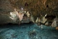 Inside of stone cave with blue water and rocks Royalty Free Stock Photo